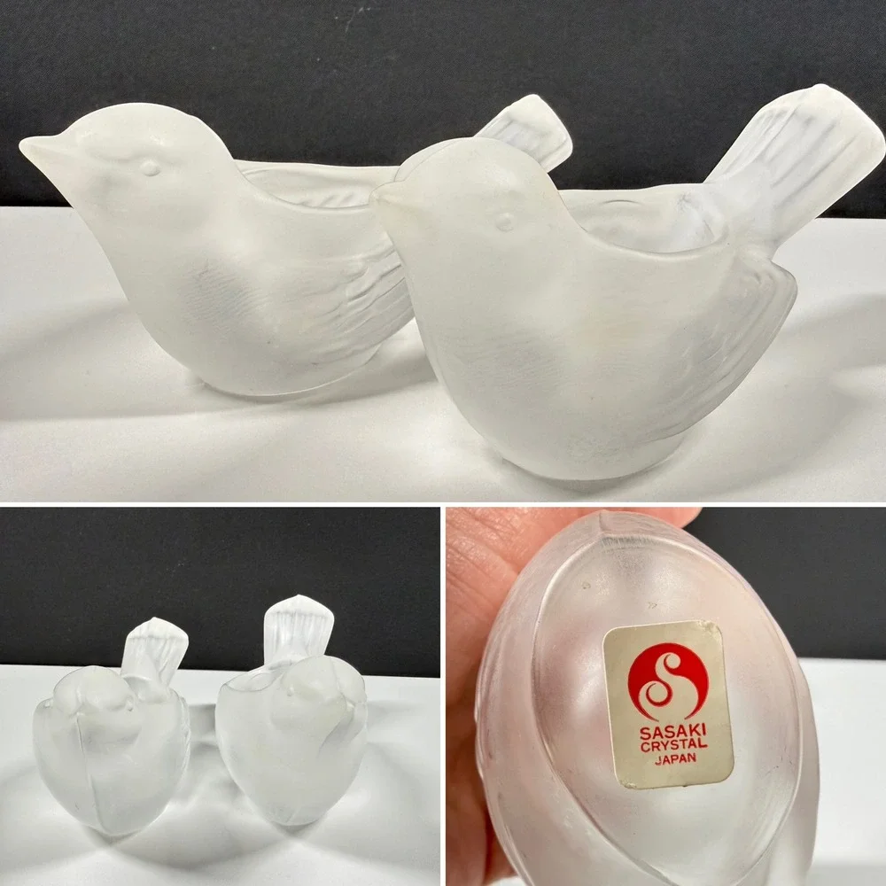 2 SASAKI Crystal Japan Frosted Glass Bird Candle Holders Set Vintage Satin 5